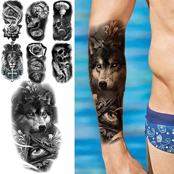 3D Black Wolf Geometrinis Akis Laikinos Tatuiruotės Vyrų Suaugusiųjų Rožių Gėlių Kompasas Kaukolė Netikrą Tatuiruotę Vandeniui Pusė Rankovės Tatoos