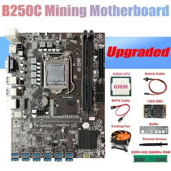 B250C ETH Miner Plokštė 12USB3.0+G3930 CPU+Ventiliatorius+DDR4 4GB RAM+128G SSD+SATA Kabelis+Switch Kabelis+Terminis Tepalas+Pertvara