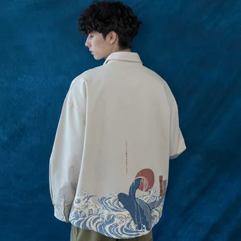 Japonų Mados Marškinėliai, 2 Spalvų Vyras Moteris Derliaus Atsitiktinis Banginis Spausdinimo Haori Harajuku Streetwear Laisvus Drabužius Ilgomis Rankovėmis