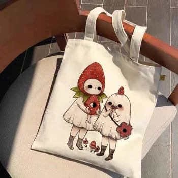 Mielas animacinių filmų spausdinti drobė maišelis didelės talpos drobė maišelis balta atsitiktinis pečių maišą ekologiškas pirkinių krepšys mergina