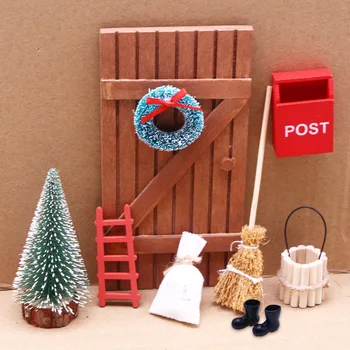 1:12 Lėlės Namas Mini Medinės Durys Vartų Kalėdinė Dekoracija Nustatyti 9 Miniatiūrinės Scenos Rekvizitai