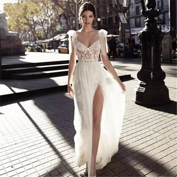 2020 Naujos Vestuvinės Suknelės Backless Bohemijos Seksualus Spagečiai Dirželiai Nėrinių Appliqued Vestuvinės Suknelės, Plius Dydis Vestuvių Suknelė