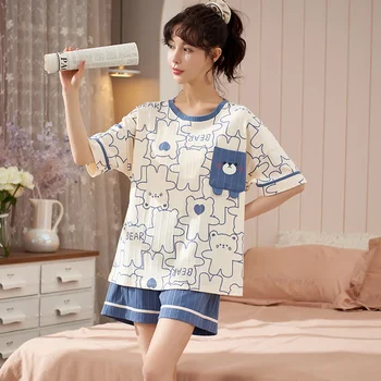 2022 m. Vasarą Medvilnės Moterų Pajama Nustatyti Plius SizeFemale Animacinių filmų naktiniai drabužiai Rinkiniai Moterų Pižama Puikus Sleepwear 5XL Mados Namų