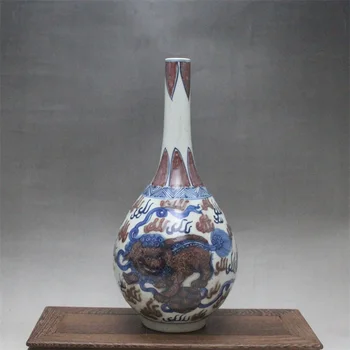 9 Antikvariniai YuanDynasty Rankų darbo porceliano vaza,mėlynos ir raudonos Liūtas butelis,Rankomis dažyti amatų,geriausia kolekcija ir puošmena
