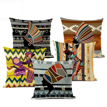 Afrikos portretas pagalvėlė padengti Šiaurės stiliaus namų sofos meno dekoratyvinės pagalvės 45 * 45cm lininė pagalvėlė geometrinis modelis