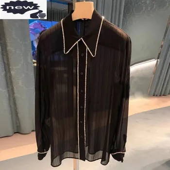Biuro Elegantiškas Juodo Šifono Marškinėliai Moterims Deimantų Sudurti Palaidi Tinka Viršūnes Skaidrus Vieną Krūtinėmis Moterų Atvartas Atsitiktinis Palaidinė