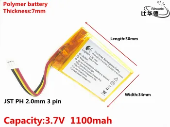 DĻSV PH 2,0 mm 3 pin Gera Qulity 3.7 V,1100mAH,703450 Polimeras ličio jonų / Li-ion baterija ŽAISLŲ,CENTRINIS BANKAS,GPS,mp3,mp4