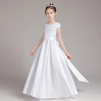 Elegantiškas Ilgas Blizgančiais Mergina Suknelės Lankas Vaikai Vakare Gown Šalies Drabužių, Skirtų Vestuvių, Gimtadienio Balta Balta Satino Apeigų Skraiste