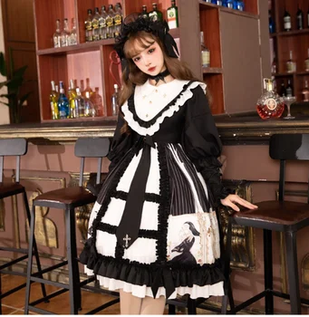 Gotikos rūmuose, saldus lolita suknelė vintage falbala o-kaklo bowknot spausdinimo viktorijos suknelė kawaii girl gothic lolita op loli cos