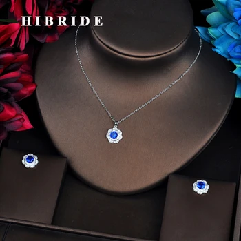 HIBRIDE Prabanga Mėlyna Cuibic Cirkonis Gėlių Nuorodą Grandinės Pakabukas Papuošalų Rinkiniai Moterims Karoliai Rinkinius Earings bižuterijos N-544