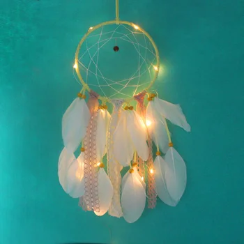 LED šviesos Rankų darbo Dream Catcher Su Plunksnomis Sienos Kabo Ornamentas, Balta