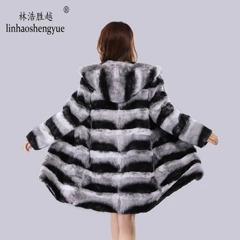 Linhaoshengyue 2020 tikro kailio 90cm ilgis triušio kailiniai paltai moterims su gaubtu mados šiltos žiemos freeshipping