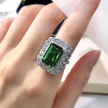 Mados Lnlaid 10*14 Stačiakampio Didelis Anglies Green Diamond Deimantai, Smaragdas S925 Sterlingas Sidabro Tauriųjų Panele Žiedas Vestuvių Papuošalai