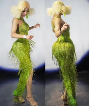 Mados Neoninė Žalia Pakraščiuose Ilga Suknelė Didelis Ruožas Vienas Gabalas Kutas Šokių Aprangą Dėvėti Naktiniame Klube Bar Rodyti Vakare Švęsti Suknelė