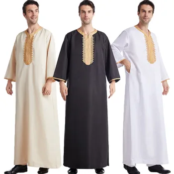 Musulmonų Vyrų Jubba Thobe Vientisos Spalvos Kvėpuojantis Siuvinėjimo Ilgas Mantijas Suknelė Islamo Arabų Kaftan Abaja Artimųjų Rytų Pakistano Dubajus