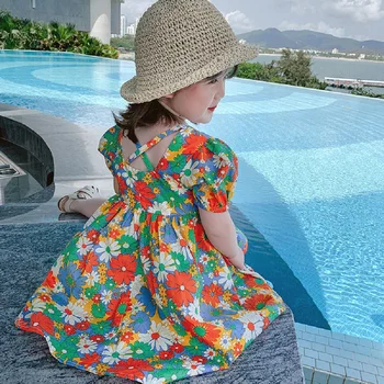 Nauja Vasaros Vaikas Mergaitės Saldus Gėlių Vaikų Šalis suknelė Princesė Sluoksniuotos Rankovėmis Spalvingas Atostogų Atostogų Suknelė