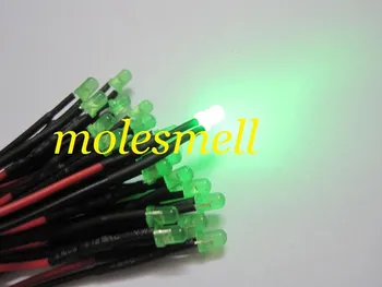 Nemokamas pristatymas 25pcs 3mm 12v išsklaidytos žalios LED Lempos, Šviesa Nustatyti iš Anksto sujungtas, 3mm 12V DC Laidinis