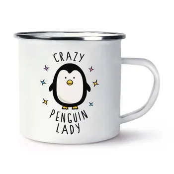 Nerūdijančio Plieno Kempingas Kavos Puodelis Crazy Penguin Lady Retro Emalio Gimtadienio, Kalėdų Lauke Metalo Emalio Laužo Taurė