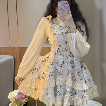 Niggeey Derliaus Gėlių Suknelė Kawaii Moterys Ilgomis Rankovėmis Nėrinių Y2k Mini Suknelė Elegantiškas Šalis, Vakaro Suknelės Korėjos Drabužių Moterų