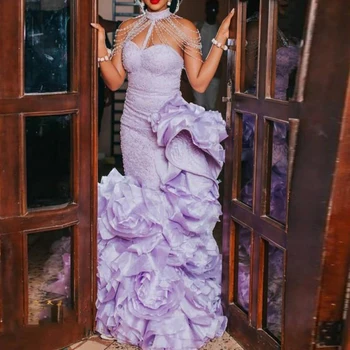 Nuostabi Levandų Undinė Prom Dresses Peties Grandinės Stiliaus Aso Ebi Raukiniai Plus Size Vakaro Oficialų Šalis Suknelė Chalatai Afrikos