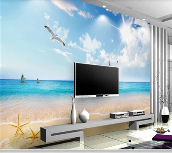 Papel de parede Mėlyną dangų ir baltus debesis beach marina gamtos 3d tapetai, freskos,svetainė, miegamojo sienos dokumentų namų dekoro