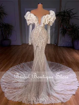 Prabangių Didelių Duobute Rankų Darbo Undinė Vestuvių Suknelės 2023 Elegantiškas Blizgančių Perlų, Kristalų Nuotakos Suknelė Vestido De Noiva
