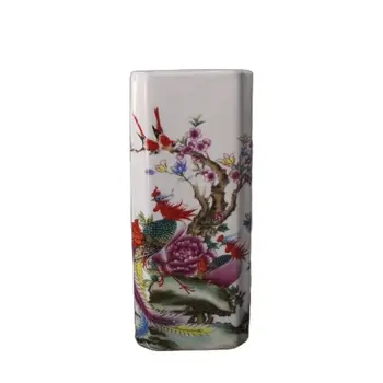 Pradžioje kolekcija Qianlong famille rose xiangfenglaiyi gėlių ir paukščių aikštės aukštos penholder antikvariniai porceliano papuošalus