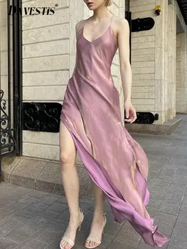 Prancūzijos Suspender Suknelės Moterims 2023 Pavasario Vasaros Naują V Kaklo Satino Klubas Šalies Ponios Suknelė Plonas Ilgas Sijonas