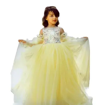 Princesė Geltona 3D Gėlių Nėrinių Appliques Puoštas Tiulio Suknelės Mergaičių-line, Uždusęs Nuimamos Rankoves Ilgos Prom Dresses Vaikai
