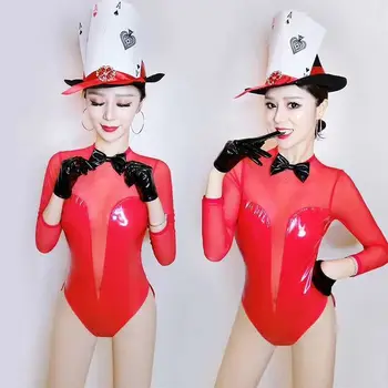 raudona bodysuit Seksualus Gogo šokių komanda, drabužiai, moteriškos perspektyvos naktinis klubas ds kostiumai baras kostiumas Popieriaus pokerio skrybėlę bžūp
