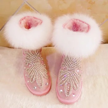 Rožinės spalvos trumpas vamzdis sniego batai kailio viena triušio plaukų kalnų krištolas visos nekilnojamojo fox odos karvės odos sniego batai medvilnės sniego batai 35-44