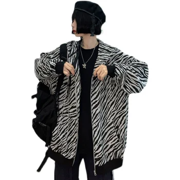 Rudenį ir žiemą korėjos Harajuku stilius gatvės asmenybės prarasti zebras spausdinti gobtuvu megztinis palaidinukė