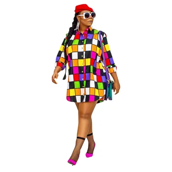 Rudenį Moterų Mados Spalvinga Tinklelis Visas rungtynes, Palaidinės Ponios Atsitiktinis Palaidų Rubiko Kubo Pledas Spausdinti Marškinėliai Suknelė Mygtuką Streetwear