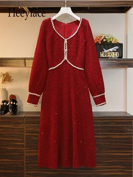 Rudenį, Žiemą prancūzijos Senovinių Kvepalų Suknelės Office Elegantiškas Ponios ilgomis Rankovėmis Aukštos Juosmens Blizgučiais Vakare Šalis Suknelės 4XL
