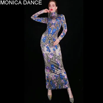 Seksualus Etape Mėlyna Violetinė Kalnų Krištolas Gėlių Modelio Spandex Suknelė Gimtadienio Prom Apranga Vakaro Moterų Šokėja, Dainininkė Vintage Suknelė