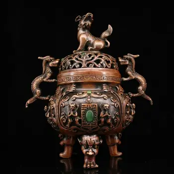 Senosios Kinijos Raudona, Vario Inkrustacijos Perlas Rankų Darbo Dragon Ausies Turtingas Šuo Dangčio Smilkalų Degiklis