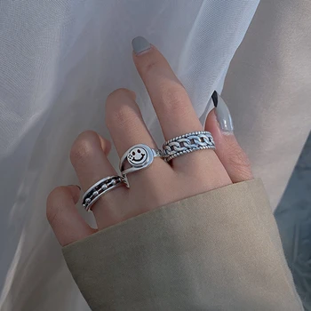 Silvology 925 Sterlingas Sidabro Šypsena Granulių Grandinės Žiedų, skirtų Moterų Derliaus Japonija Korėja Šalto Stiliaus Atidaryti Žiedai 925 Madingi Papuošalai