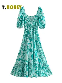 TELLHONEY Moterų Mados Spausdinti Popelinowy Moteriška Suknelė Elegantiškas V-Kaklo trumpomis Rankovėmis Linijos Klostes Ilgai Plaukti Suknelės