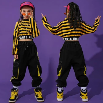Vaikams Veiklos Hip-Hop šokių Komplektus juostele Palaidinukė Taktinis Krovinių Kelnės Mergaitėms Džiazo Šokio Kostiumų Drabužius street Wear