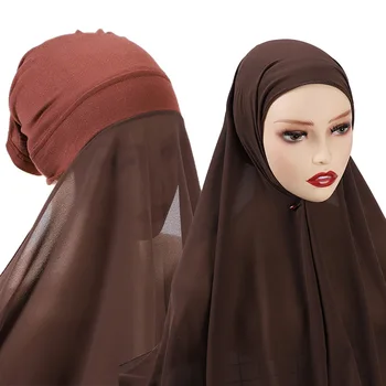 Vientisos Spalvos Burbulas Šifono Galvos Skara Moterų Minkštas Musulmonų Jersey Hijab Su variklio Dangtis, Kuklumas Turbaną Ca p Galvos apdangalą Wrap Rinkiniai