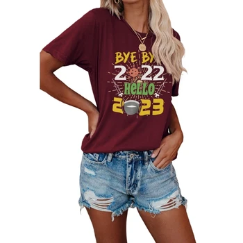 Vientisos Spalvos Crewneck T-shirt Bye-Bye-2022 Sveiki 2023 Trumpas Rankovės Mielas Juokingas Atsitiktinis Marškinėliai Viršuje Prarasti Spausdinti Palaidinė Paauglių
