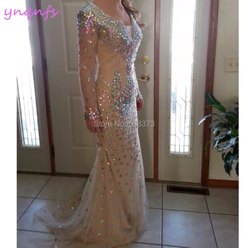 YNQNFS ED235 Kristalų Suknelė V-Kaklo, ilgomis Rankovėmis Undinė Šampano Bridesmaid Dresses Elegantiškas Saudo Arabų Abiye Oficialų Suknelė 2019