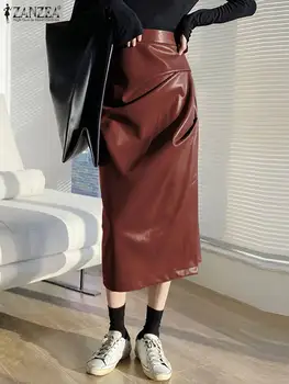 ZANZEA Atsitiktinis Aukšto Juosmens Midi Sijonas Apvalkalą PU Odos Mados Moterų Jupes Femme Elegantiškas Plisuotos 2022 M. Rudenį korėjos Stiliaus Sijonai
