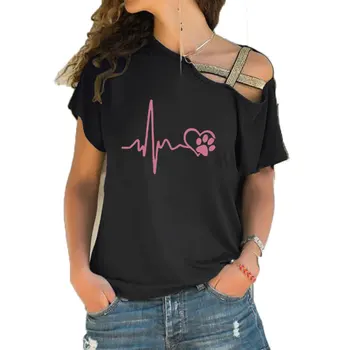 Širdies Arterijos Ir Leteną Kačių, Šunų Širdį meilė spausdinti mergina Marškinėliai Moterims trumpomis Rankovėmis T-shirt Nereguliarus Nerijos Kryžiaus Tvarstis Tee Viršų